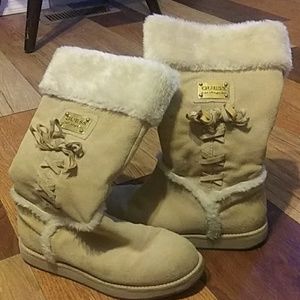 Guess Khaki Colored Suede Boots with Fur